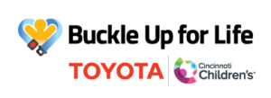 BUFL_Logos_Primary_Black Buckle Up for Life Logo child with seat belt in heart shape includes Toyota and Cincinnati Children's logos too