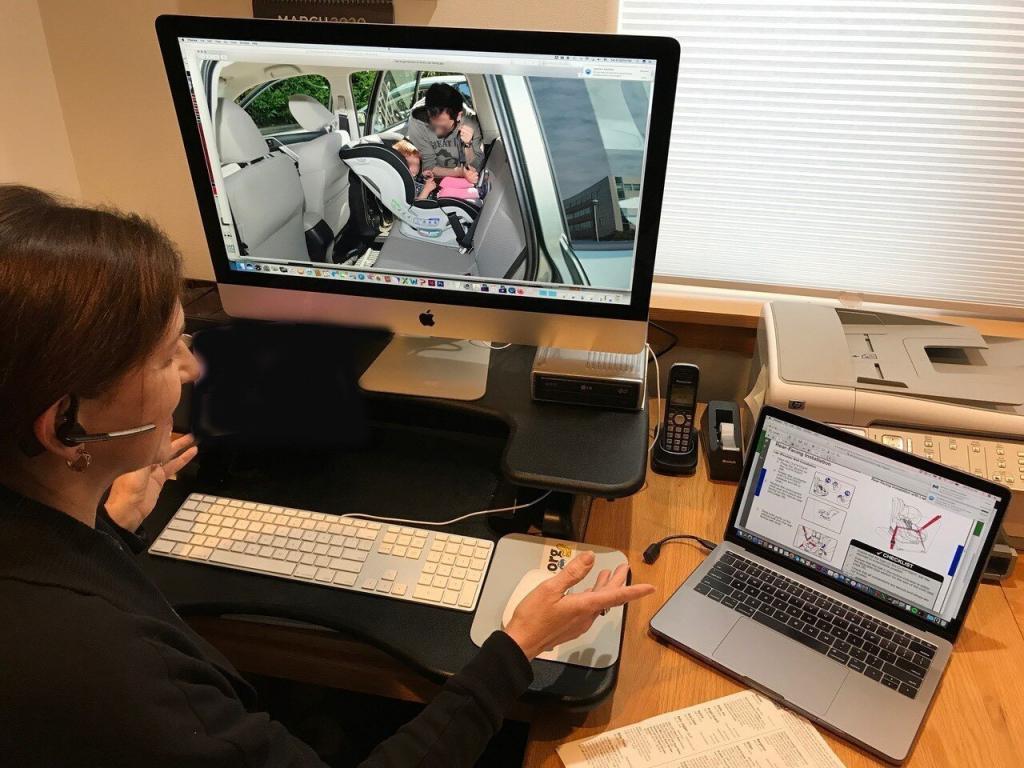 D.Donaldson Virtual seat check 2023 The is a photo of a Child Passenger Safety Technician conducting a virtual seat check.